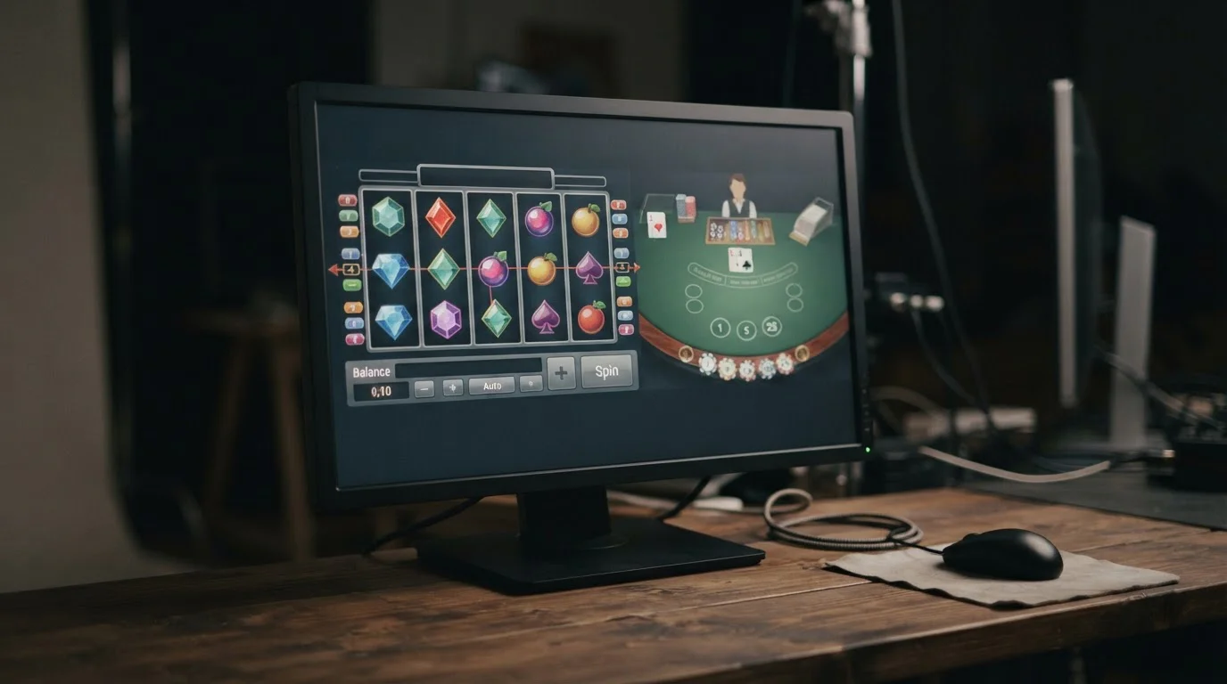 Neutrale Spieloberflächen mit Walzenansicht und stilisiertem Live-Spielbereich auf Bildschirmen