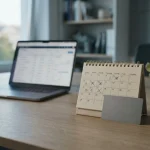 Neutrale Zahlungskarte und Notizkalender neben einem Laptop auf einem hellen Schreibtisch