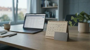 Neutrale Zahlungskarte und Notizkalender neben einem Laptop auf einem hellen Schreibtisch