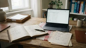 Schreibtisch mit geöffnetem Registerordner und Laptop