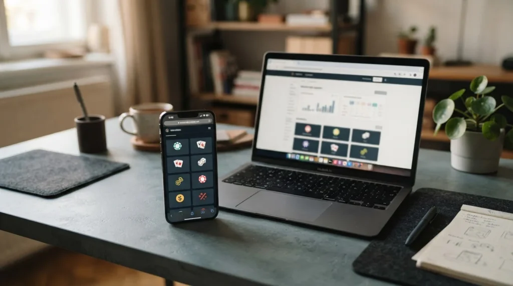 Smartphone neben einem geöffneten Laptop auf einem Schreibtisch