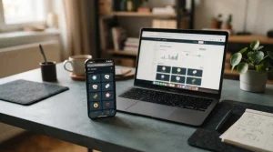 Smartphone neben einem geöffneten Laptop auf einem Schreibtisch