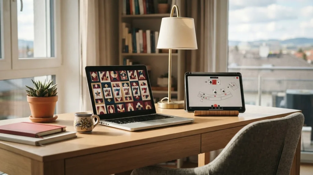 Laptop mit schematischen Slot-Feldern neben einer neutralen Tischspiel-Ansicht