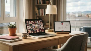 Laptop mit schematischen Slot-Feldern neben einer neutralen Tischspiel-Ansicht