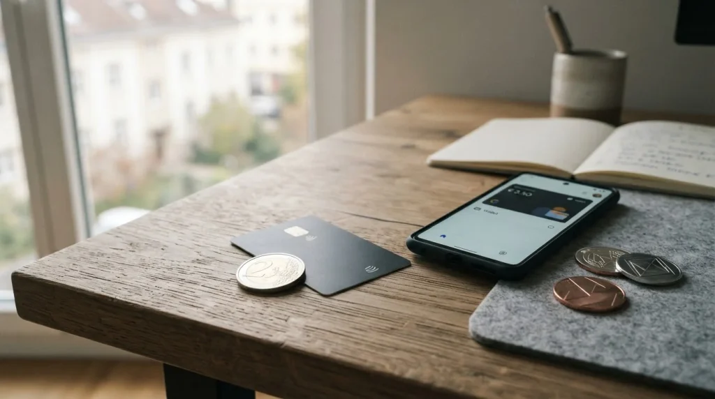 Laptop mit Bankkarte, Euro-Münze und neutralen Wallet-Symbolen