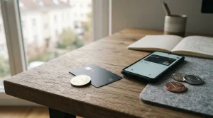 Laptop mit Bankkarte, Euro-Münze und neutralen Wallet-Symbolen